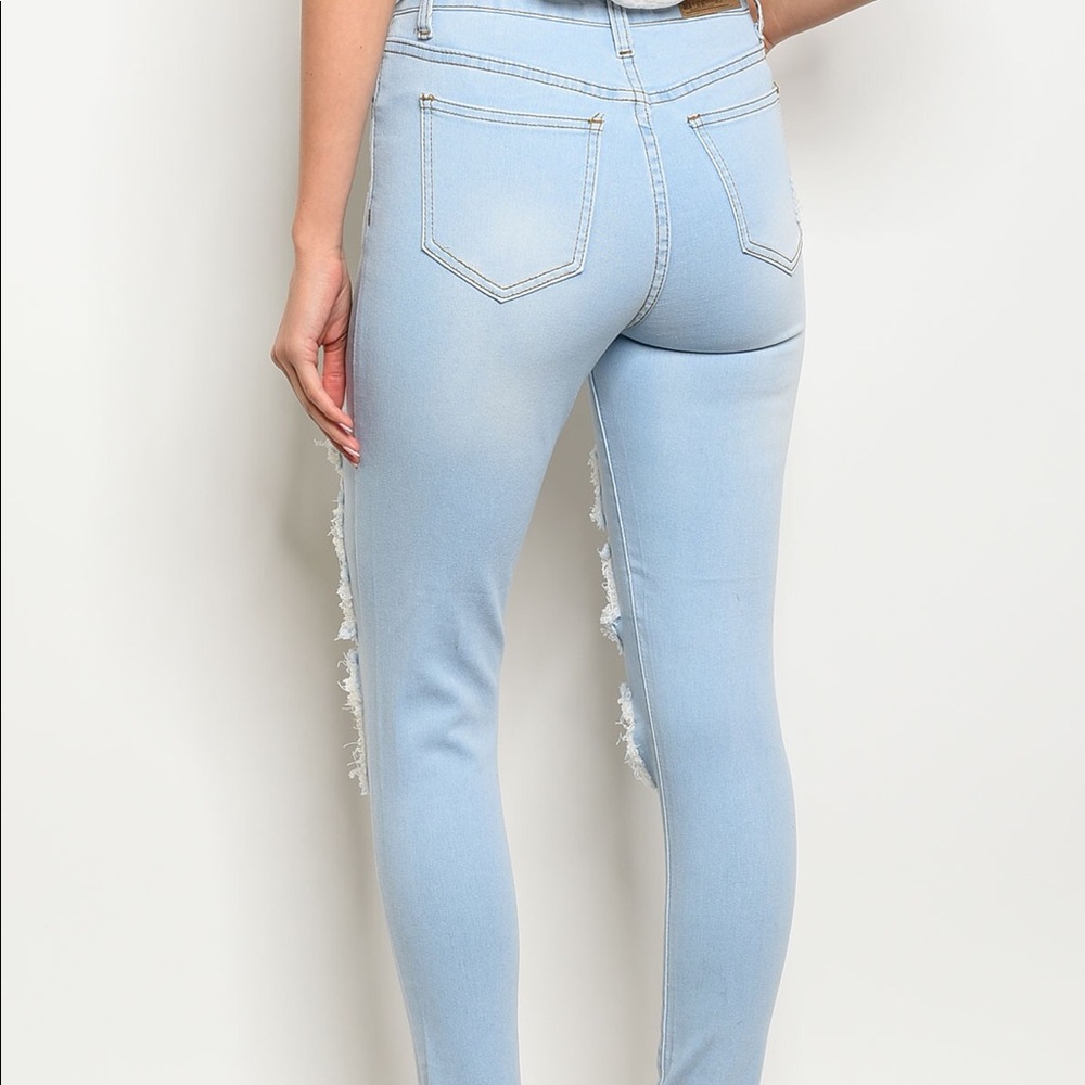 Light Blue Distressed Skinny Jeans | - Picture 2 of 8
